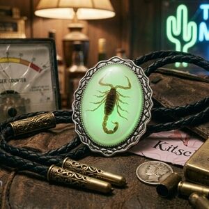 ⚛️🦂"Uranium Rock" Western Wasteland Luminous Scorpion Cameo Bolo Tie Unisex O/S